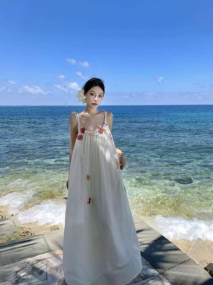 Cotton Strap Dress With 3d Floral