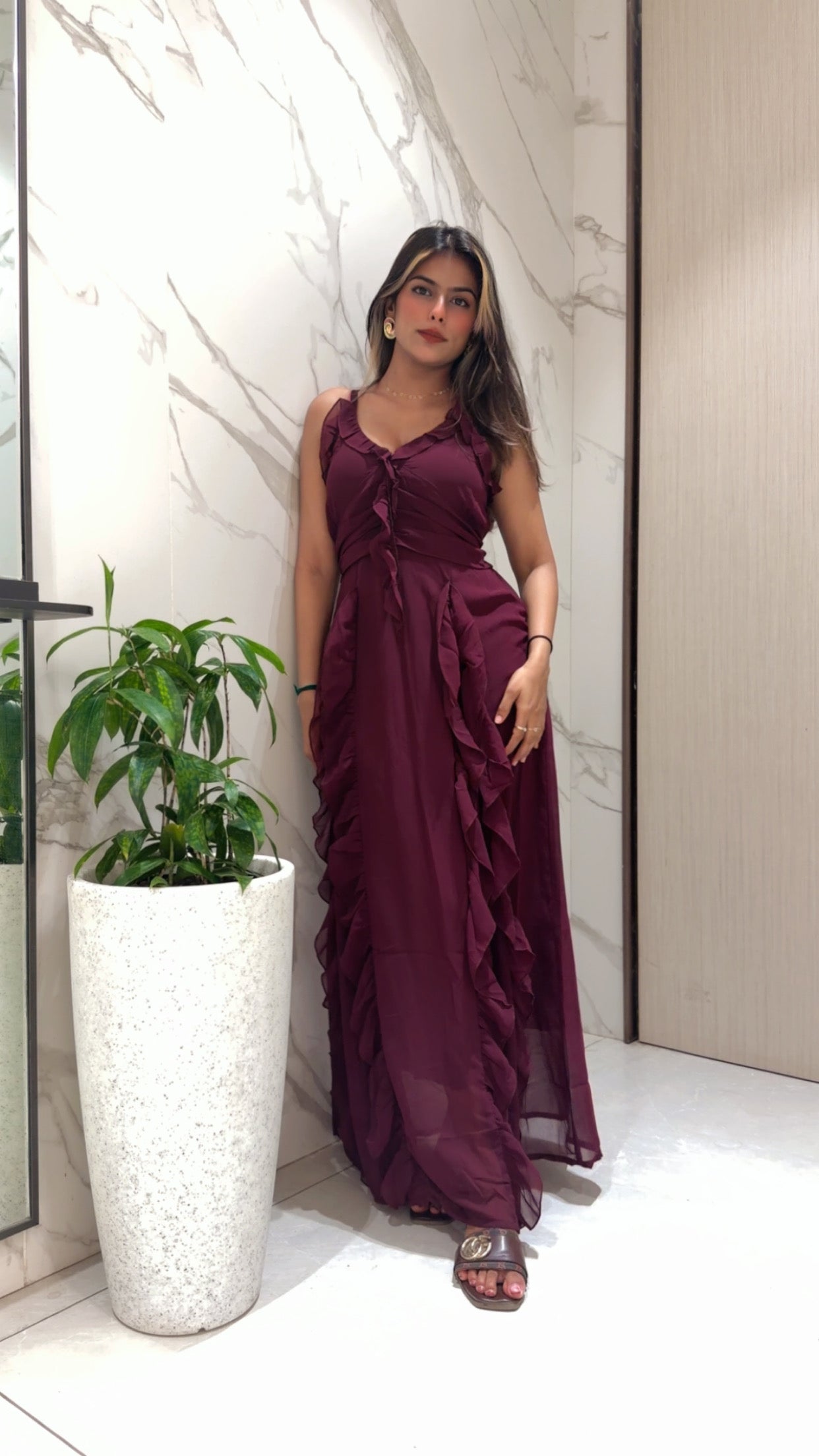 becky ruffle maxi dress in wine Bella and Bloom Boutique