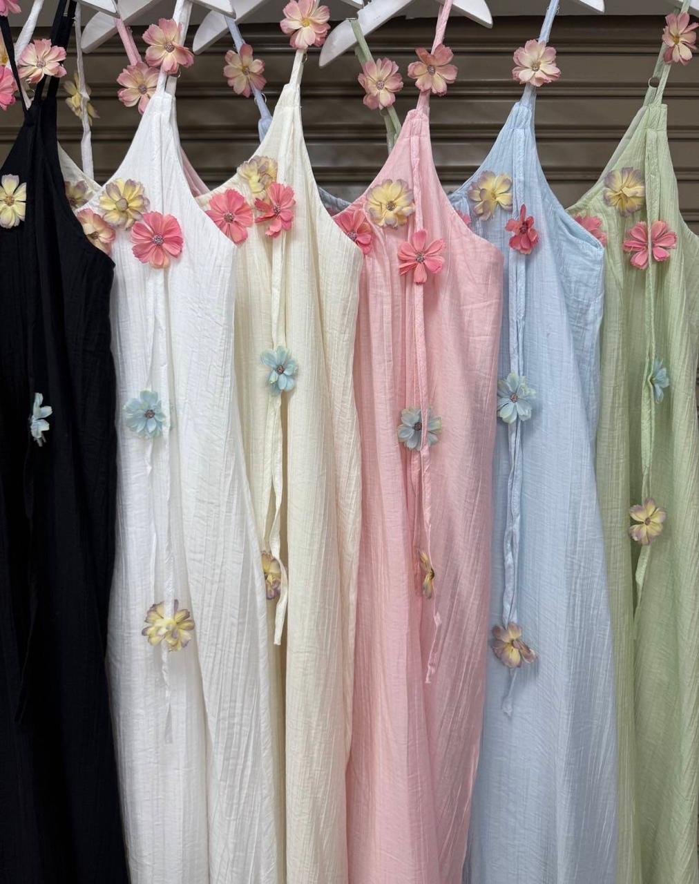 Cotton Strap Dress With 3d Floral