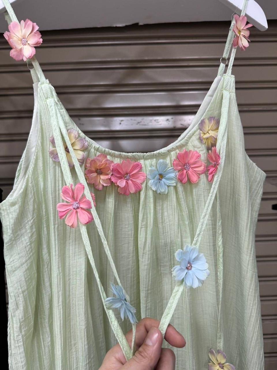 Cotton Strap Dress With 3d Floral
