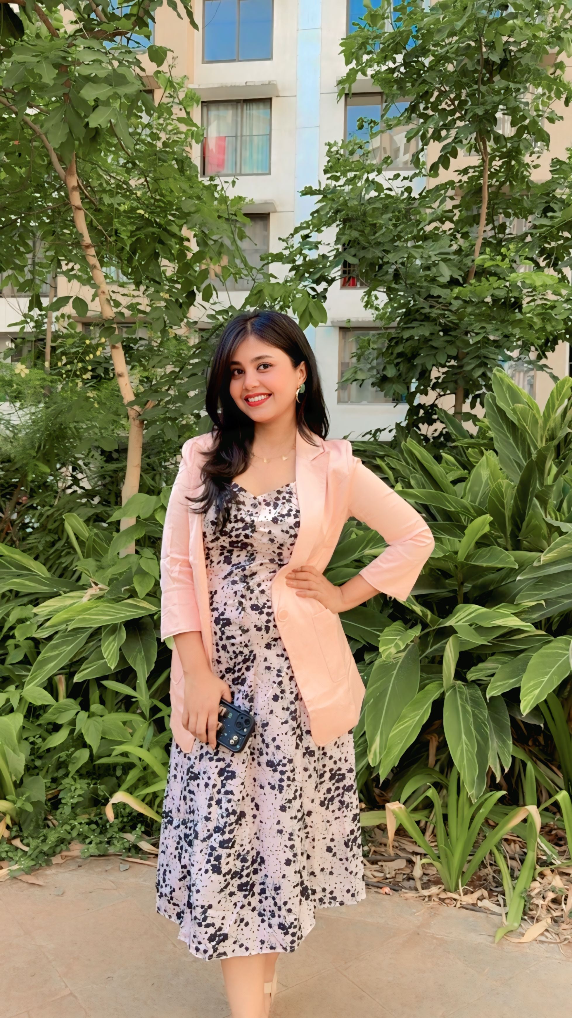 Voxelle Women's Floral Elegance Midi Dress with Blush Layering Jacket