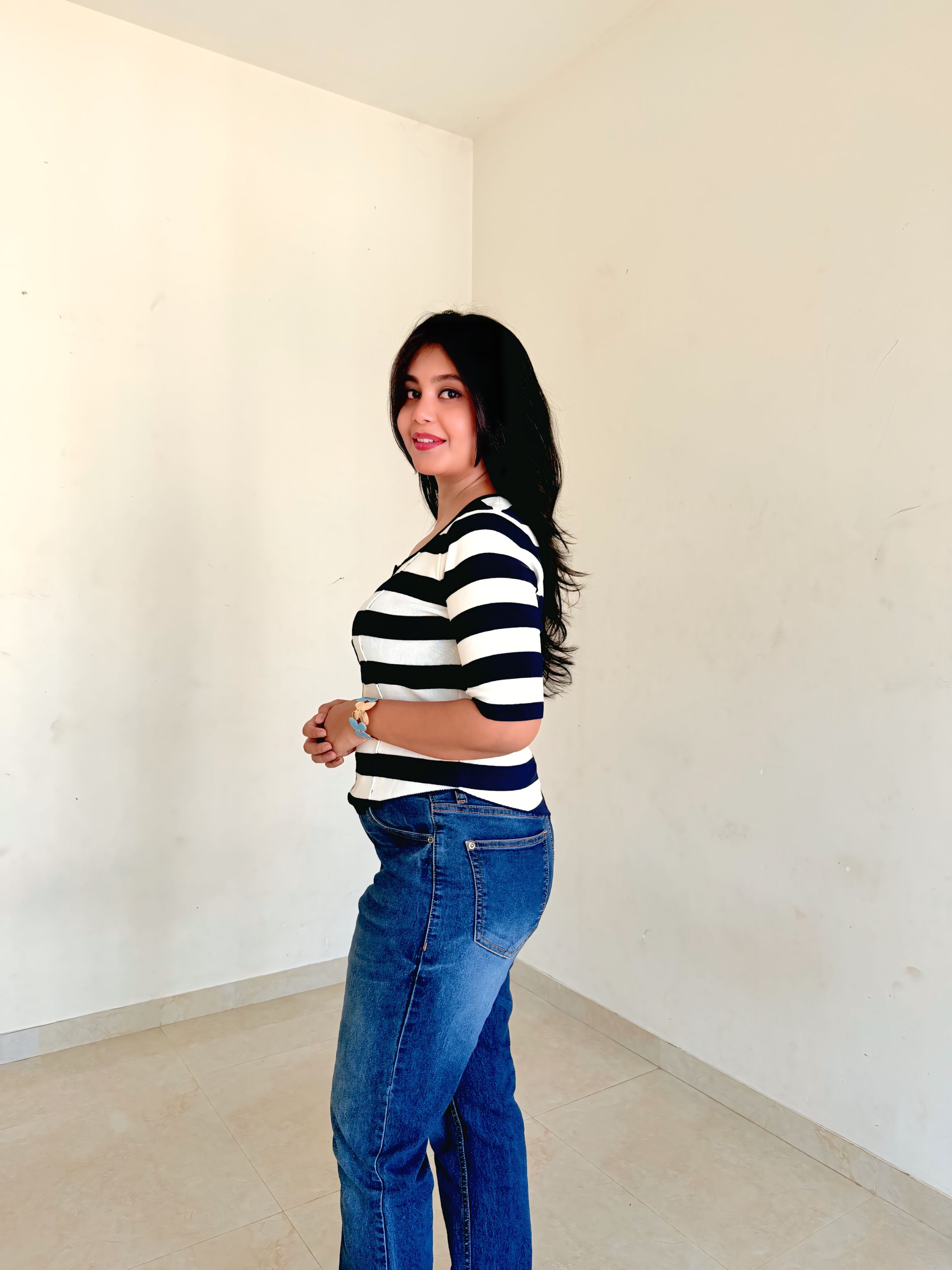 Voxelle Women's Blue-and-white horizontal stripe Knit Top