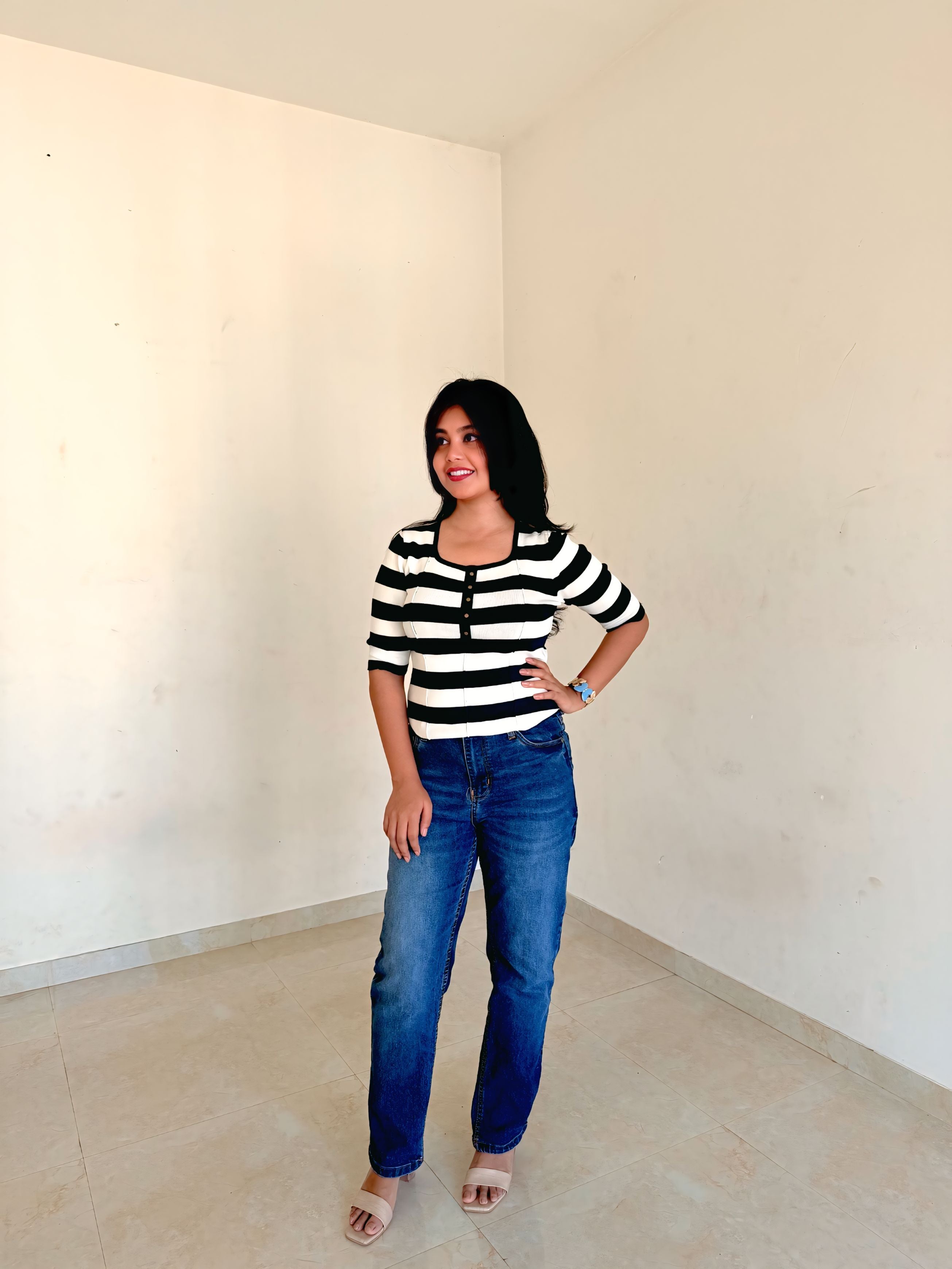 Voxelle Women's Blue-and-white horizontal stripe Knit Top