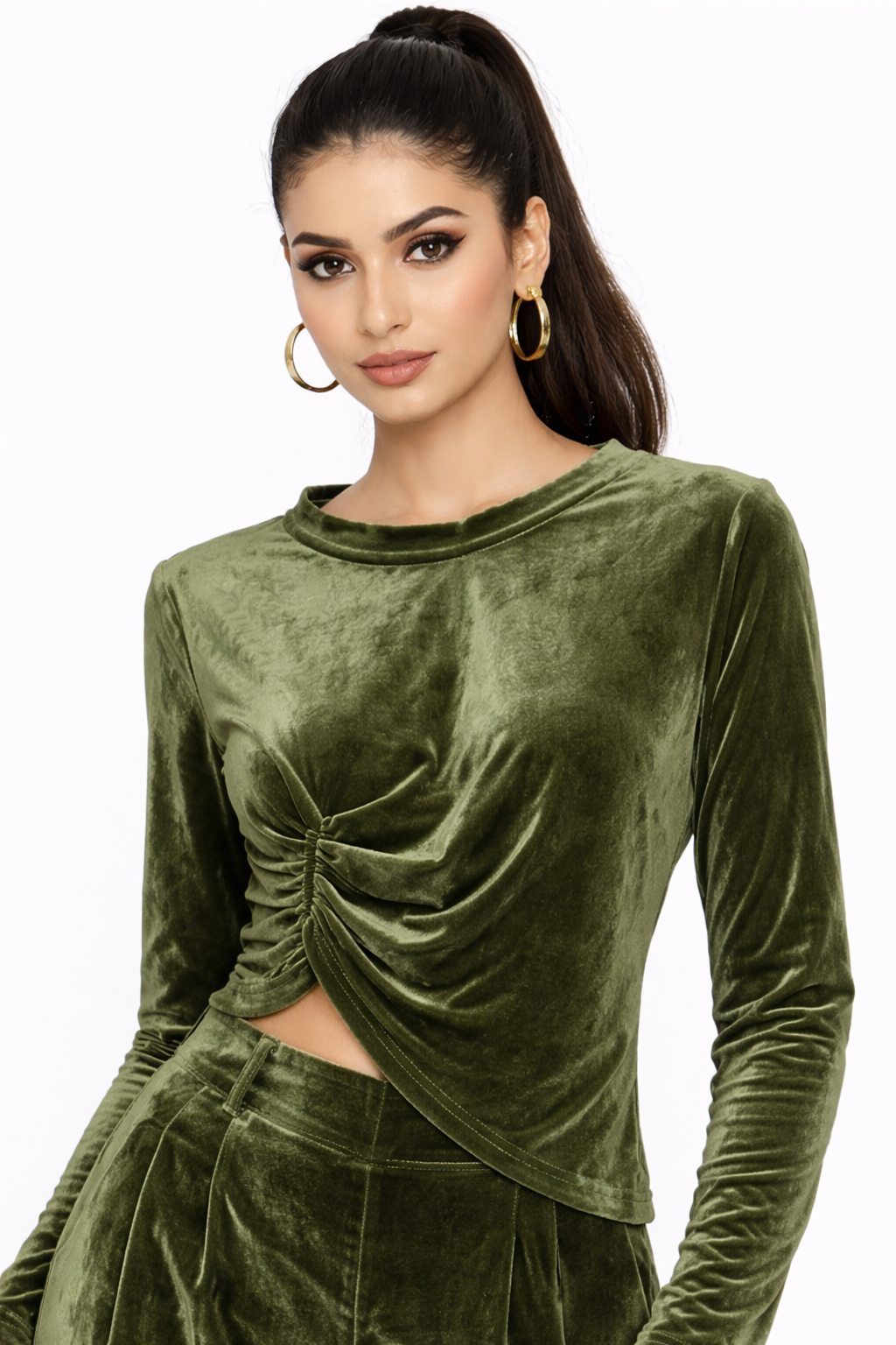 Voxelle Olive Green Velvet Co-Ord Set for Women