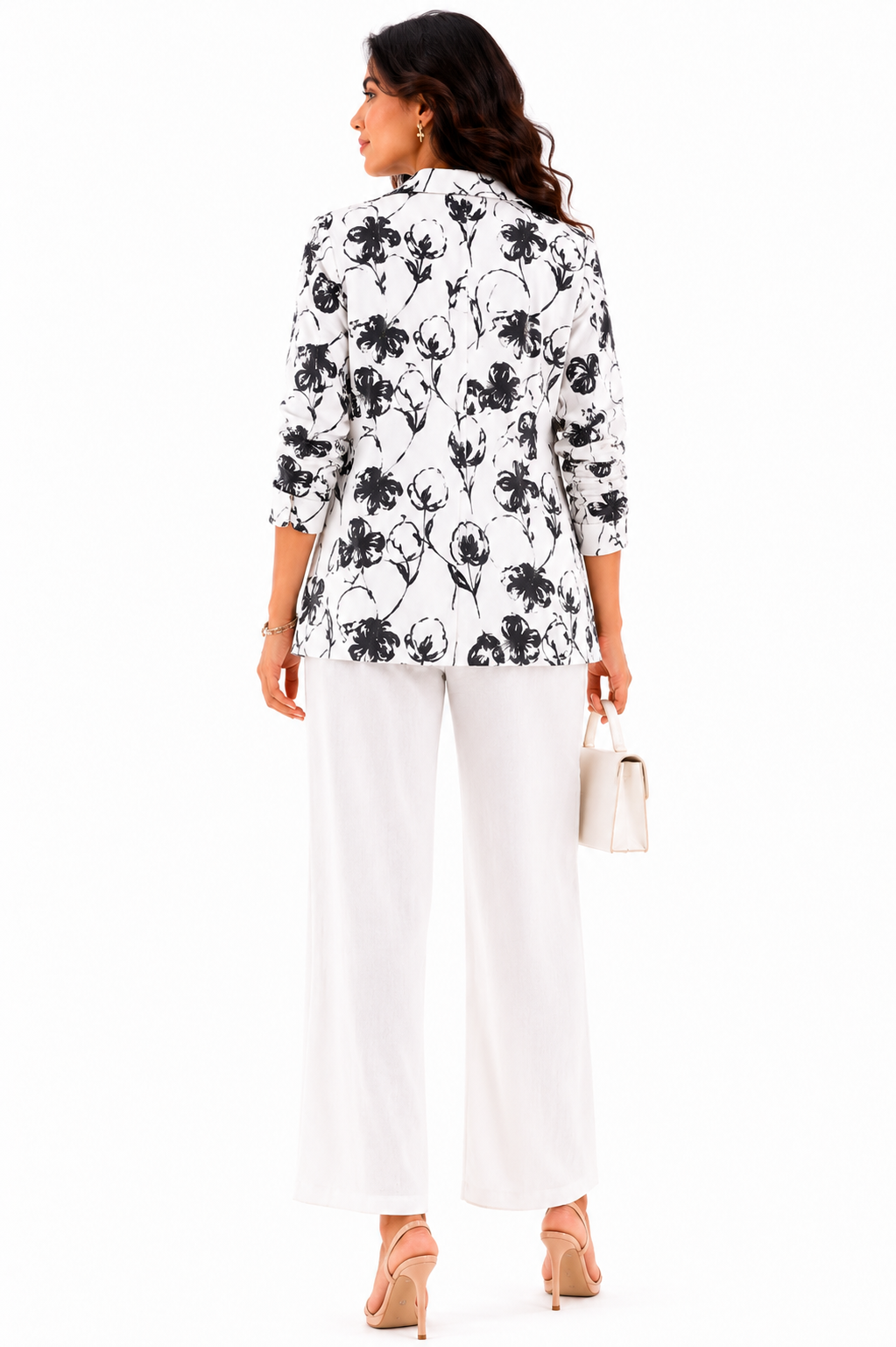 Voxelle Women's Floral Print 3-Piece Co-Ord Set – White Wide-Leg Pants, Tube Top & Printed Blazer