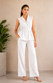 Voxelle Women's White Pinstripe Co-Ord Set – Sleeveless Button-Down Peplum Top & Wide-Leg Pants