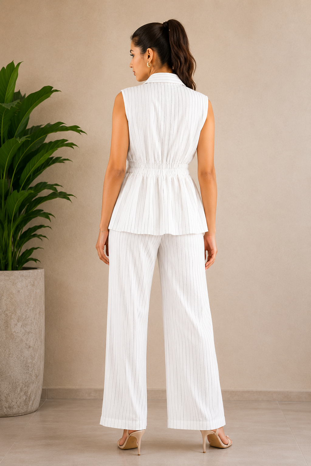 Voxelle Women's White Pinstripe Co-Ord Set – Sleeveless Button-Down Peplum Top & Wide-Leg Pants