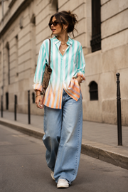 Voxelle Women's Mint Green & White Striped Oversized Shirt