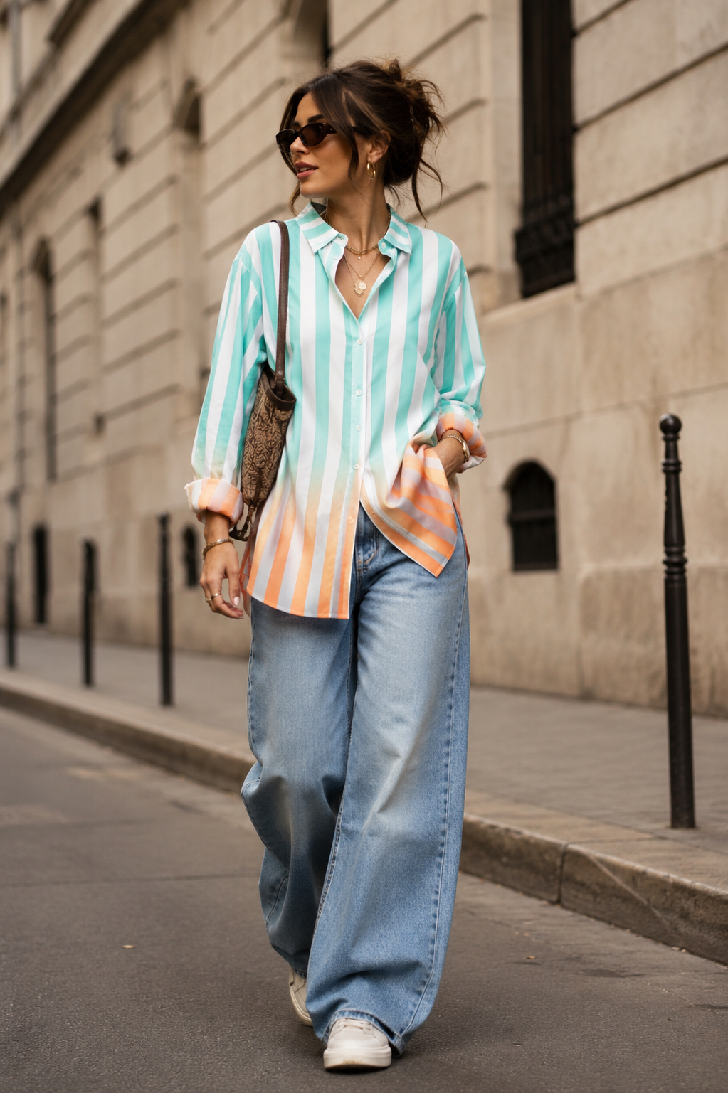 Voxelle Women's Mint Green & White Striped Oversized Shirt