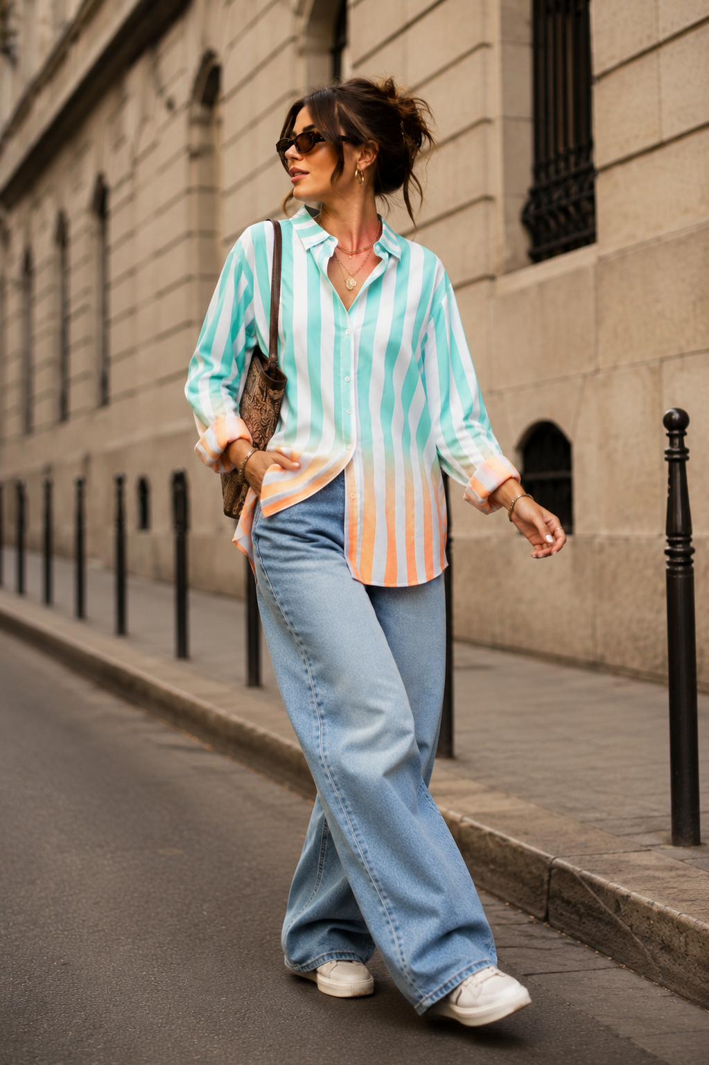 Voxelle Women's Mint Green & White Striped Oversized Shirt
