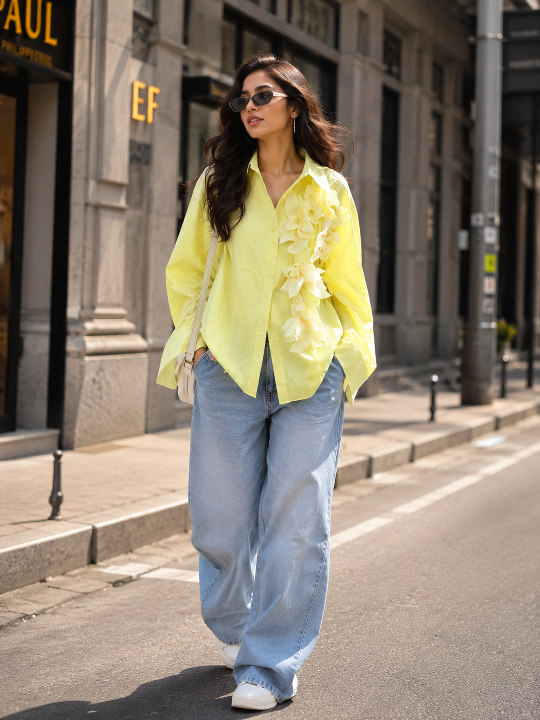 Voxelle Neon Lime Floral Appliqué Shirt for Women