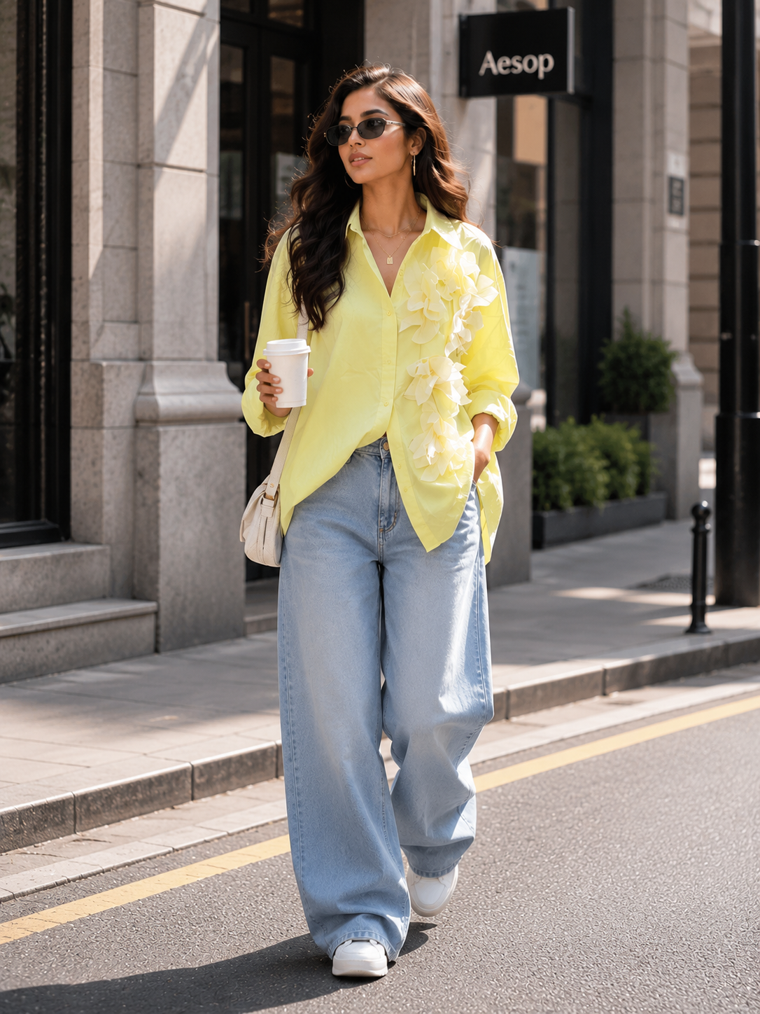 Voxelle Neon Lime Floral Appliqué Shirt for Women