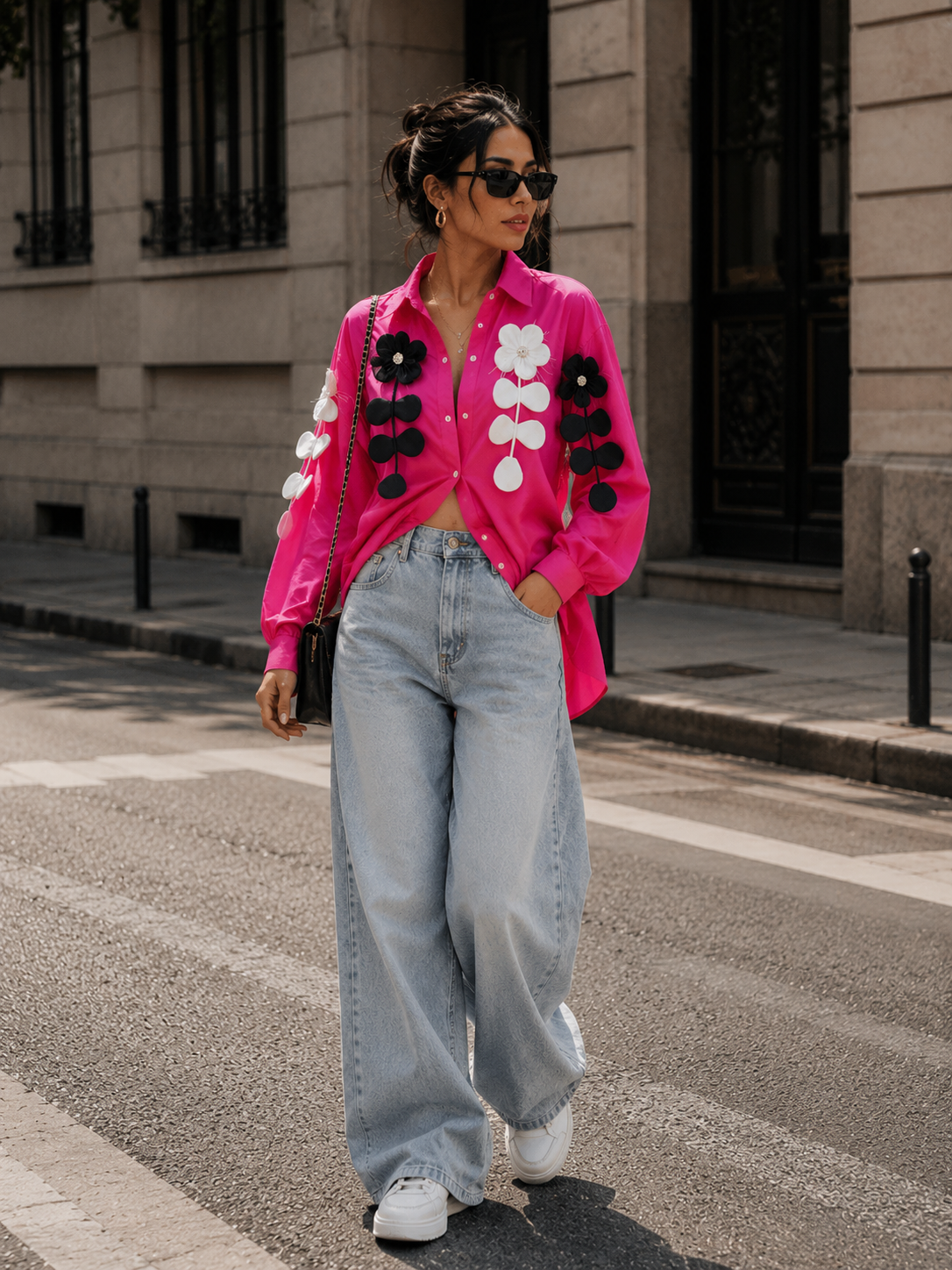 Voxelle Women's Hot Pink Floral Appliqué Shirt | Oversized Casual Western Top | Trendy Gen Z Fashion India