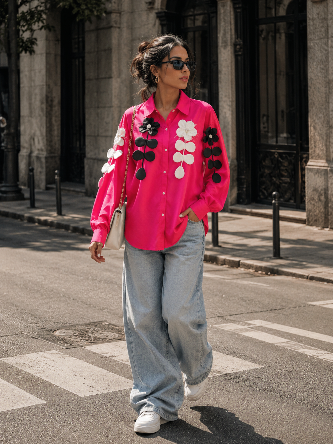 Voxelle Women's Hot Pink Floral Appliqué Shirt | Oversized Casual Western Top | Trendy Gen Z Fashion India