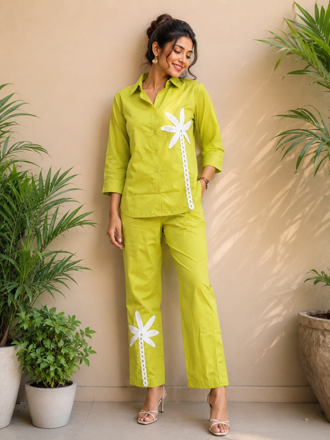 Voxelle Women's Lime Green Palm Appliqué Co-Ord Set | Stylish Shirt & Straight Pants | Premium Western Wear for Women