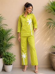 Voxelle Women's Lime Green Palm Appliqué Co-Ord Set | Stylish Shirt & Straight Pants | Premium Western Wear for Women