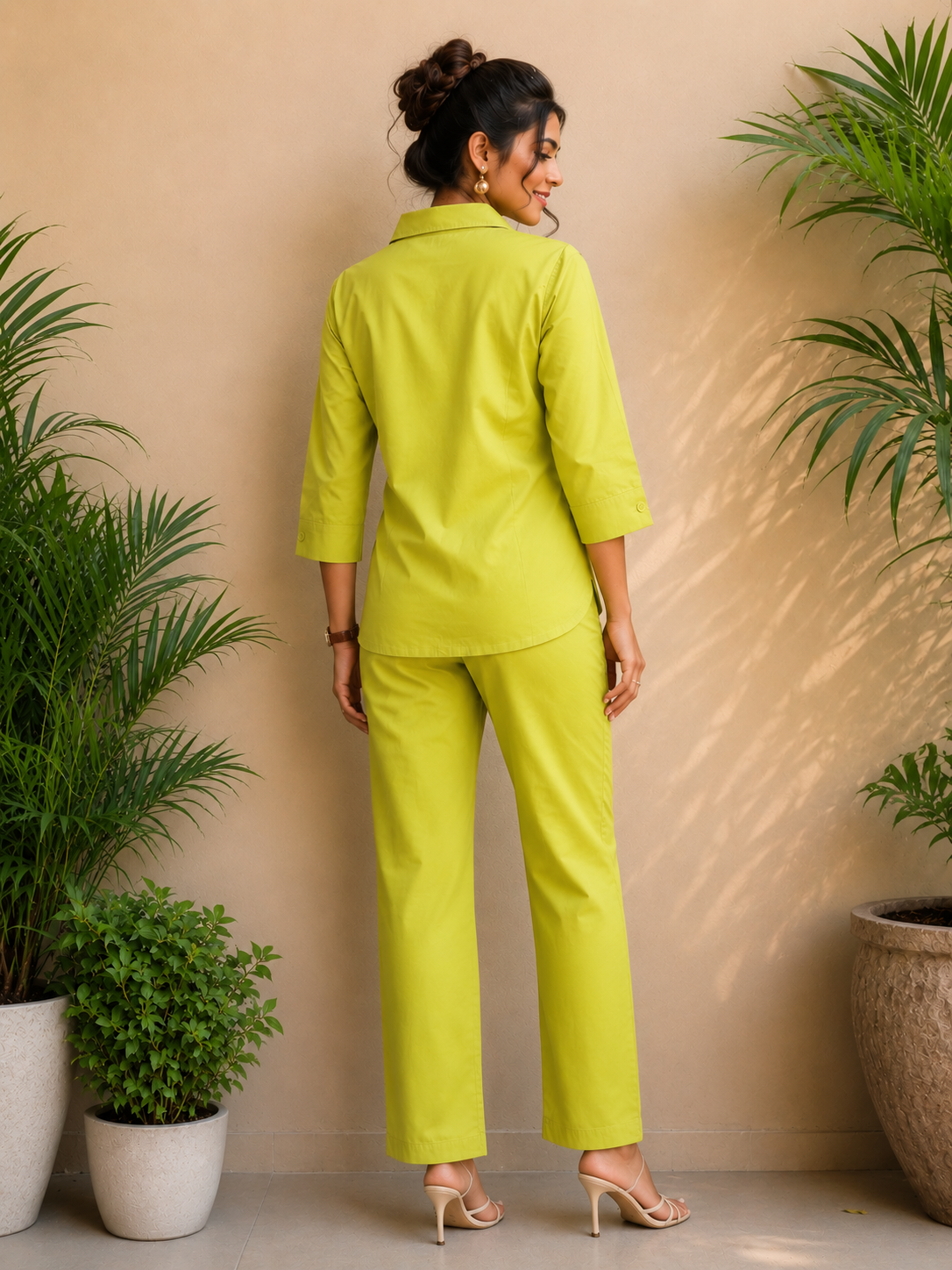 Voxelle Women's Lime Green Palm Appliqué Co-Ord Set | Stylish Shirt & Straight Pants | Premium Western Wear for Women