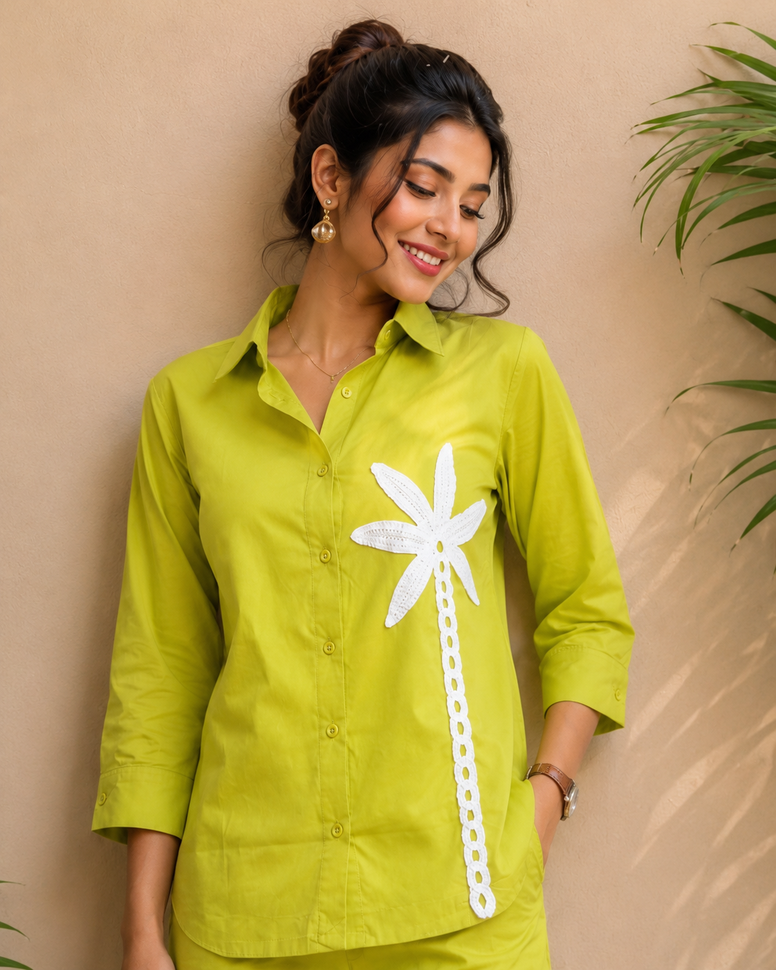 Voxelle Women's Lime Green Palm Appliqué Co-Ord Set | Stylish Shirt & Straight Pants | Premium Western Wear for Women