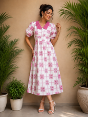 Voxelle Women's White & Pink Printed Midi Dress | Peter Pan Collar Puff Sleeve Dress | Stylish Western Wear for Women