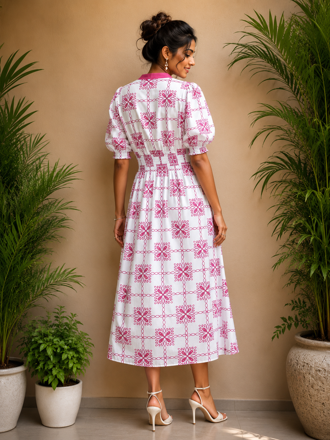 Voxelle Women's White & Pink Printed Midi Dress | Peter Pan Collar Puff Sleeve Dress | Stylish Western Wear for Women
