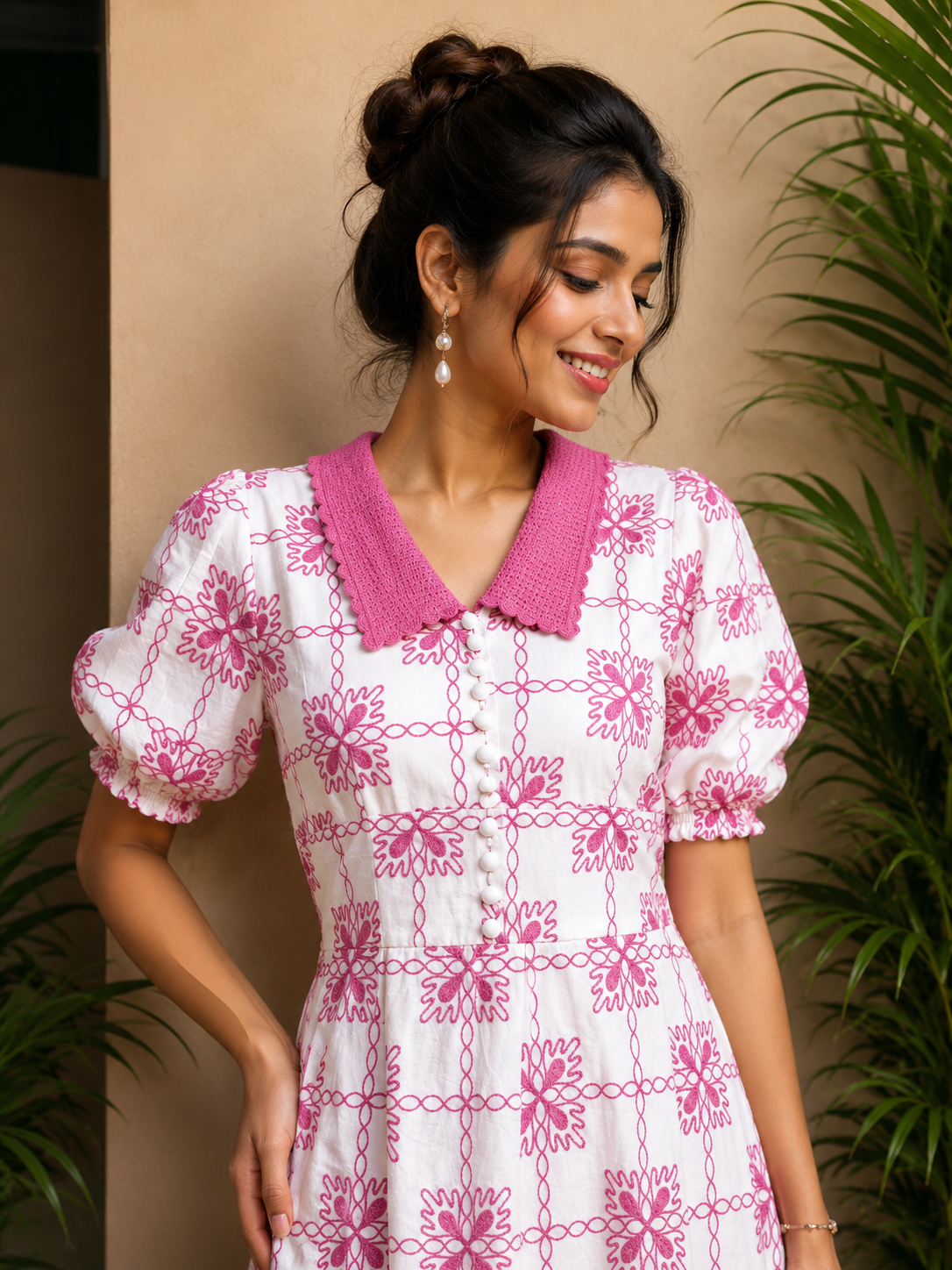 Voxelle Women's White & Pink Printed Midi Dress | Peter Pan Collar Puff Sleeve Dress | Stylish Western Wear for Women