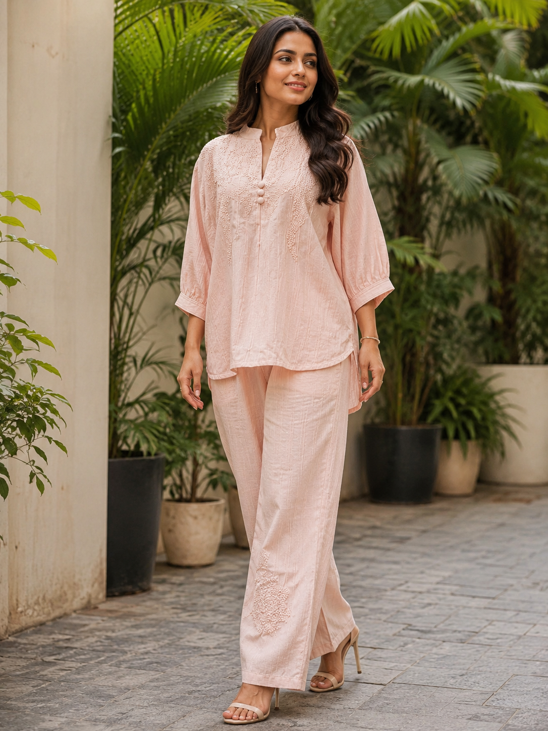 Voxelle Women's Blush Pink Embroidered Co-Ord Set | Elegant Kurta & Straight Pants | Premium Ethnic Co-Ord Set for Women