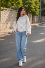 Voxelle Women's White Crochet Lace Top with Inner | Korean Style Casual Top