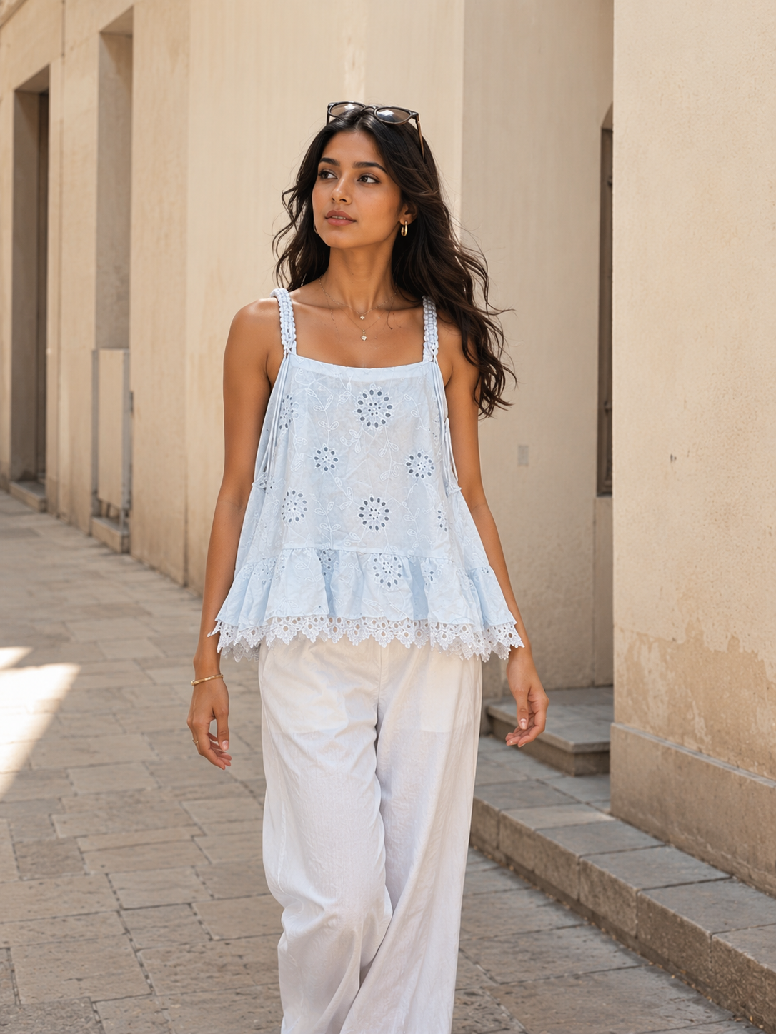 Voxelle Women's Sky Blue Embroidered Lace Strap Peplum Top | Summer Cotton Cami Top | Korean Gen Z Casual Western Wear for Women