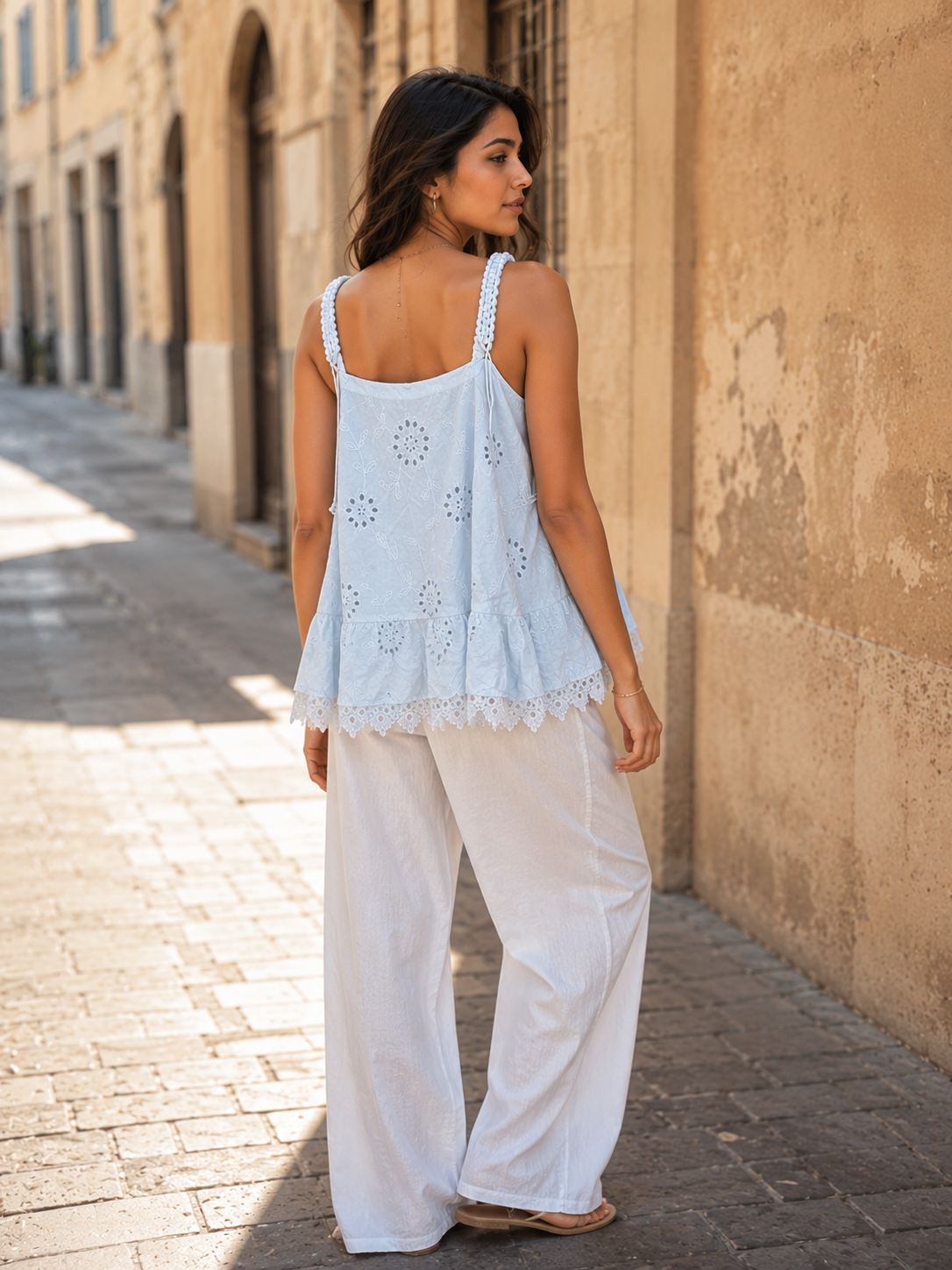 Voxelle Women's Sky Blue Embroidered Lace Strap Peplum Top | Summer Cotton Cami Top | Korean Gen Z Casual Western Wear for Women