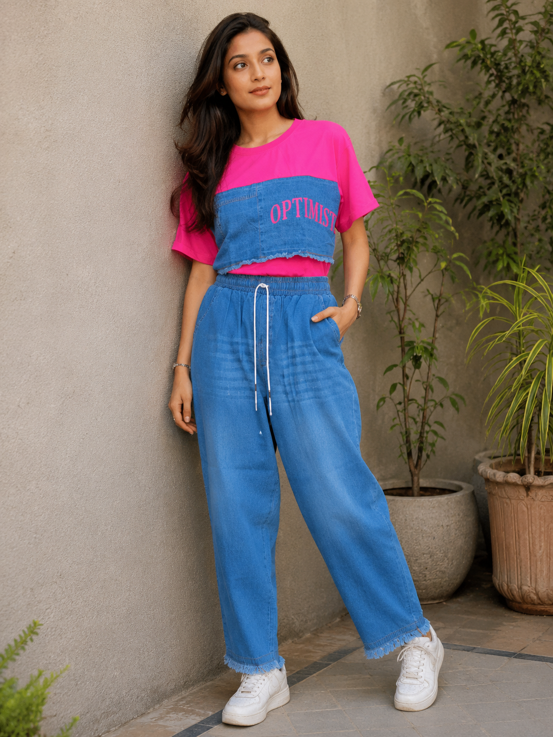 Voxelle Women's Pink Denim Patch Oversized Co-Ord Set | Casual Graphic T-Shirt & Wide Leg Denim Pants