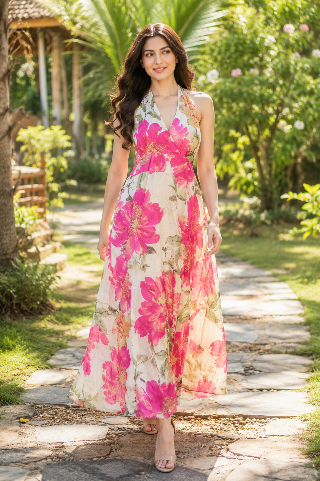 Voxelle Bloom Haven Floral Halter Maxi Dress
