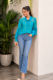 Voxelle Aqua Charm Embellished Shirt Top