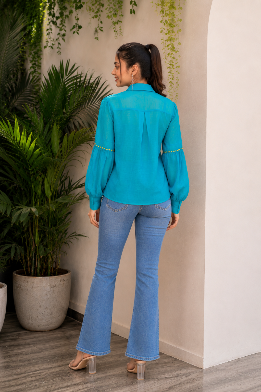 Voxelle Aqua Charm Embellished Shirt Top