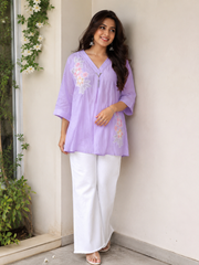 Voxelle Lavender Floral Embroidered Women’s Tunic Top