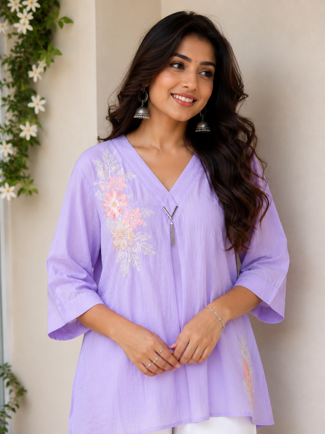 Voxelle Lavender Floral Embroidered Women’s Tunic Top