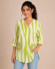 Voxelle Lime Zebra Stripe V-Neck Shirt Top