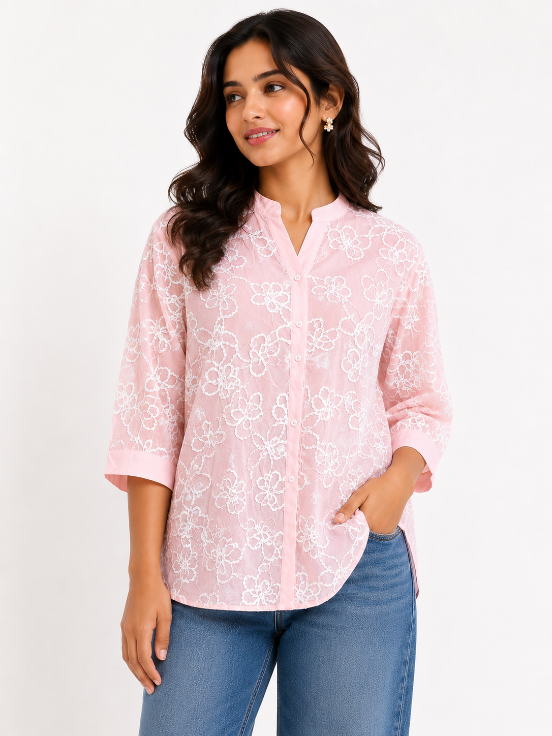 Voxelle Women’s Blush Pink Floral Embroidered Shirt