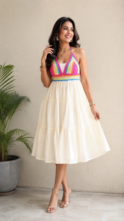 Voxelle Women Rainbow Crochet Halter Midi Dress
