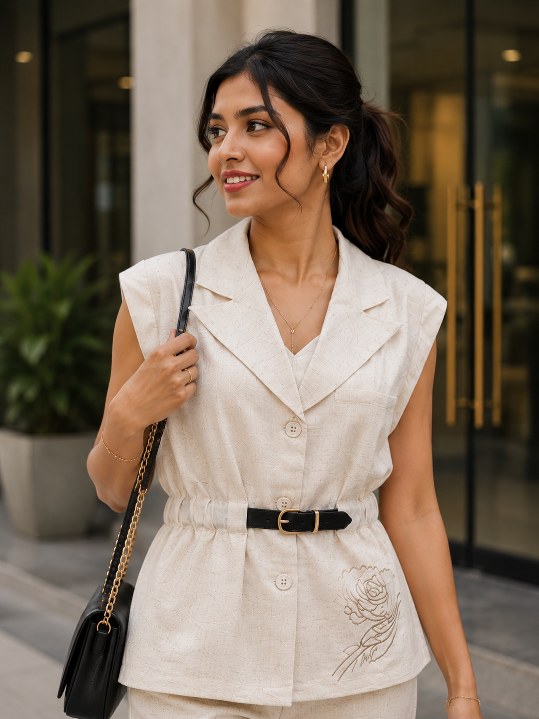 Voxelle Women’s Ivory  Co-Ord Set with Belt