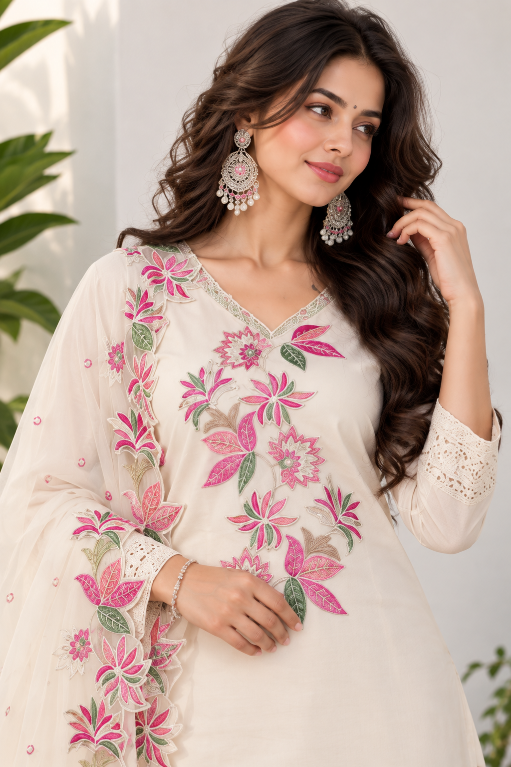 Voxelle Women’s Ivory Floral Embroidered Kurta Set with Dupatta | Festive Ethnic Wear