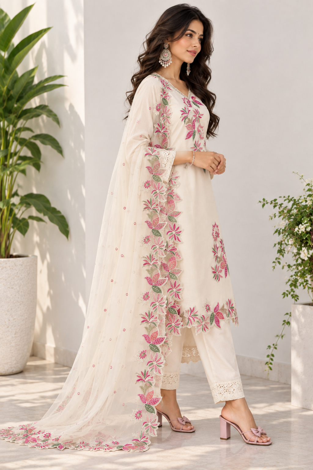Voxelle Women’s Ivory Floral Embroidered Kurta Set with Dupatta | Festive Ethnic Wear