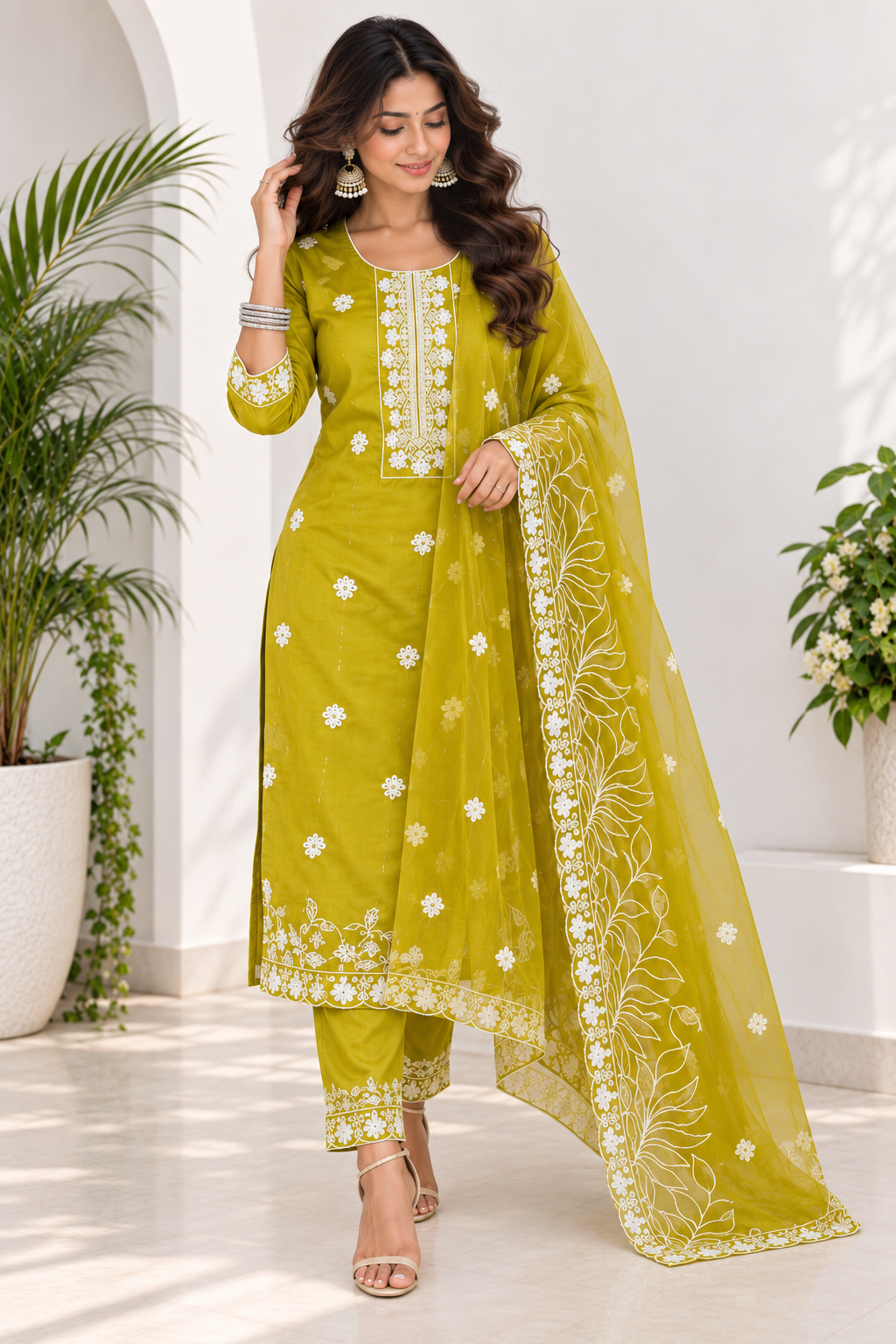 Voxelle Women’s Lime Green Embroidered 3-Piece Salwar Suit Set with Dupatta