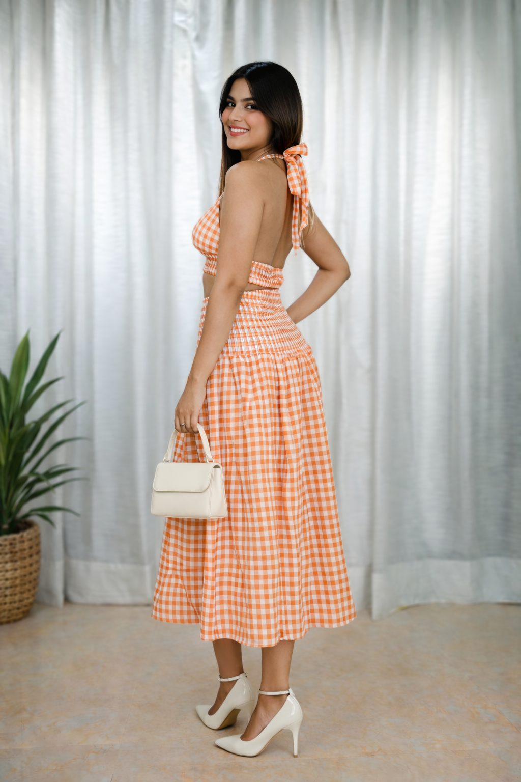 Voxelle Gingham Twist Top And With Side Cut Skirt
