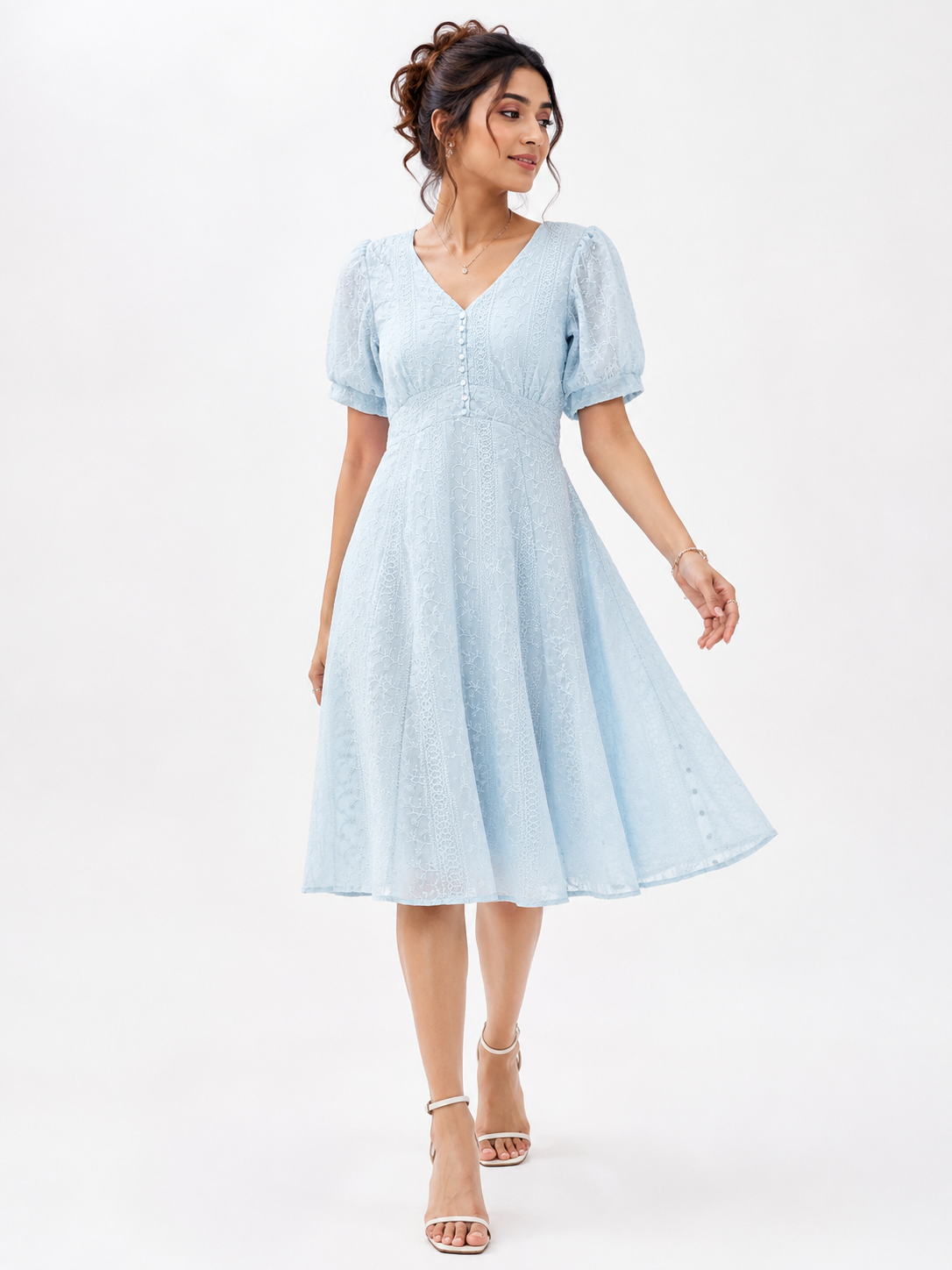 Voxelle Women's Sky Blue Embroidered Cotton Midi Dress | Puff Sleeve V-Neck Summer Dress | Elegant Western Dress for Women
