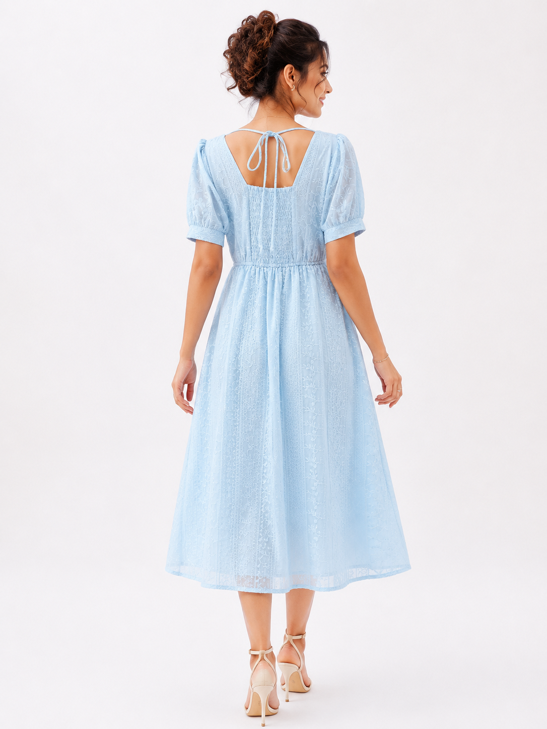 Voxelle Women's Sky Blue Embroidered Cotton Midi Dress | Puff Sleeve V-Neck Summer Dress | Elegant Western Dress for Women