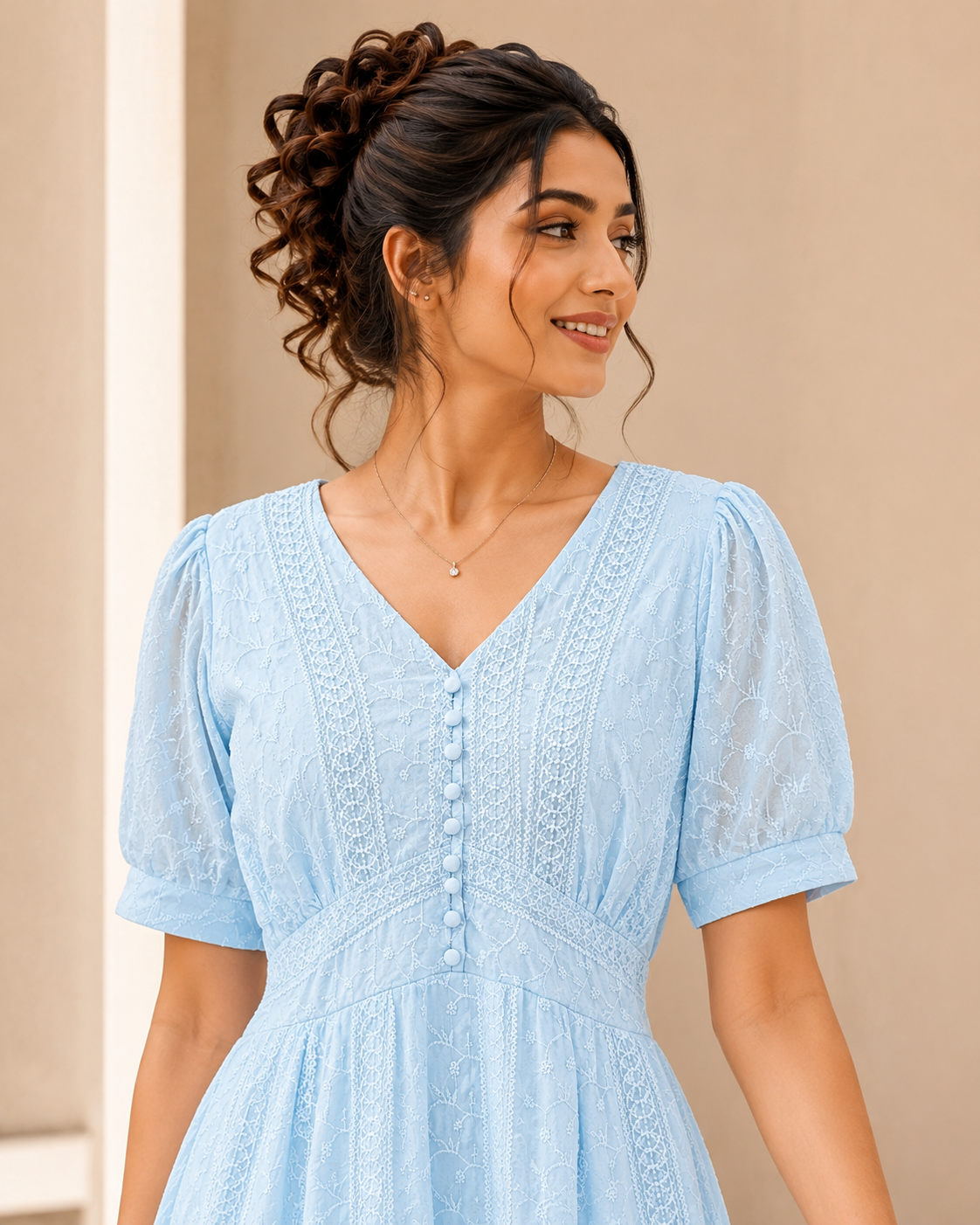 Voxelle Women's Sky Blue Embroidered Cotton Midi Dress | Puff Sleeve V-Neck Summer Dress | Elegant Western Dress for Women
