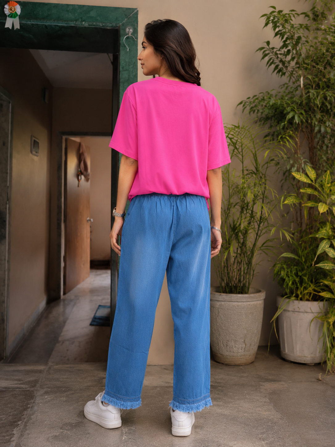 Voxelle Women's Pink Denim Patch Oversized Co-Ord Set | Casual Graphic T-Shirt & Wide Leg Denim Pants