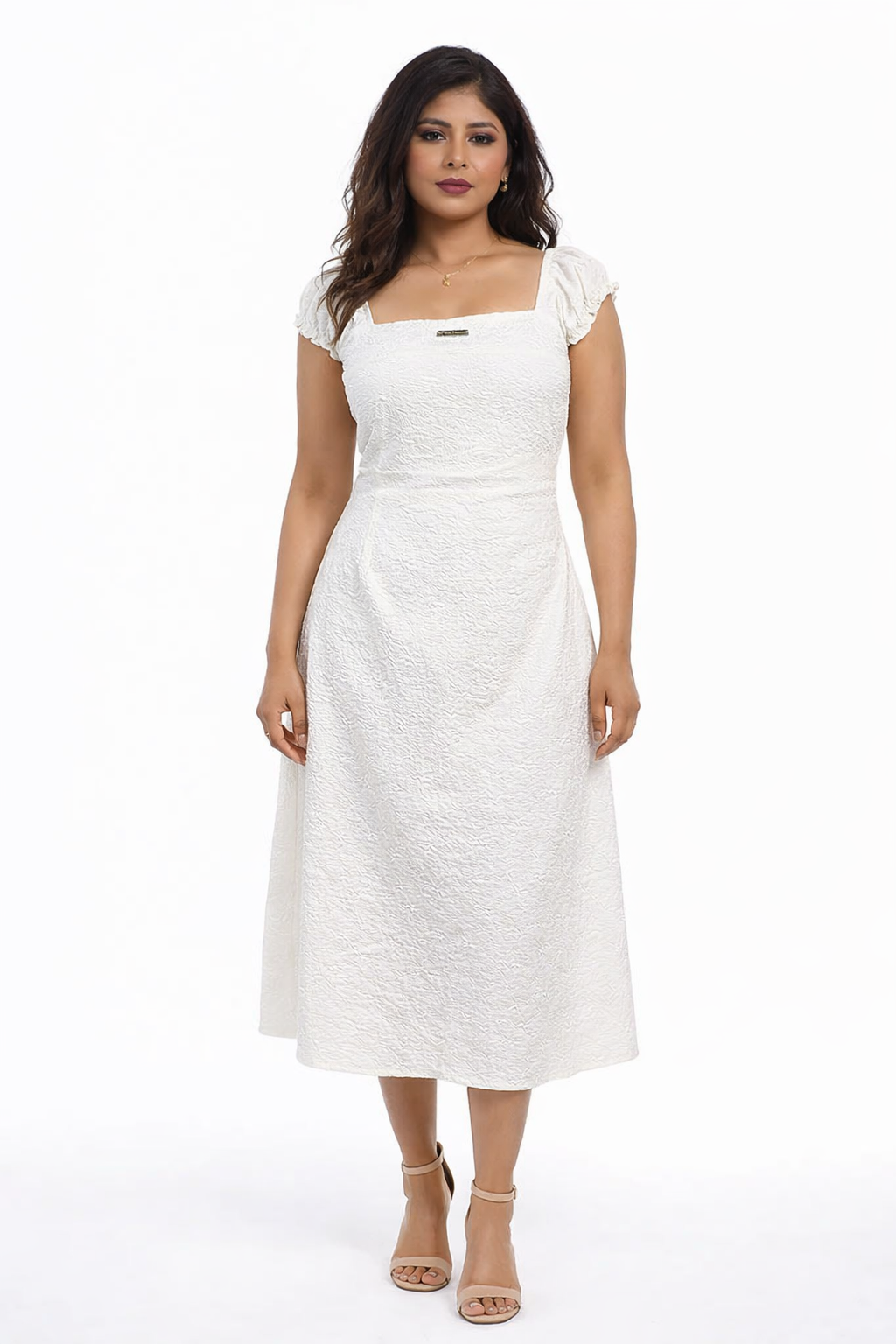Voxelle Elegant White Textured Midi Dress for Women