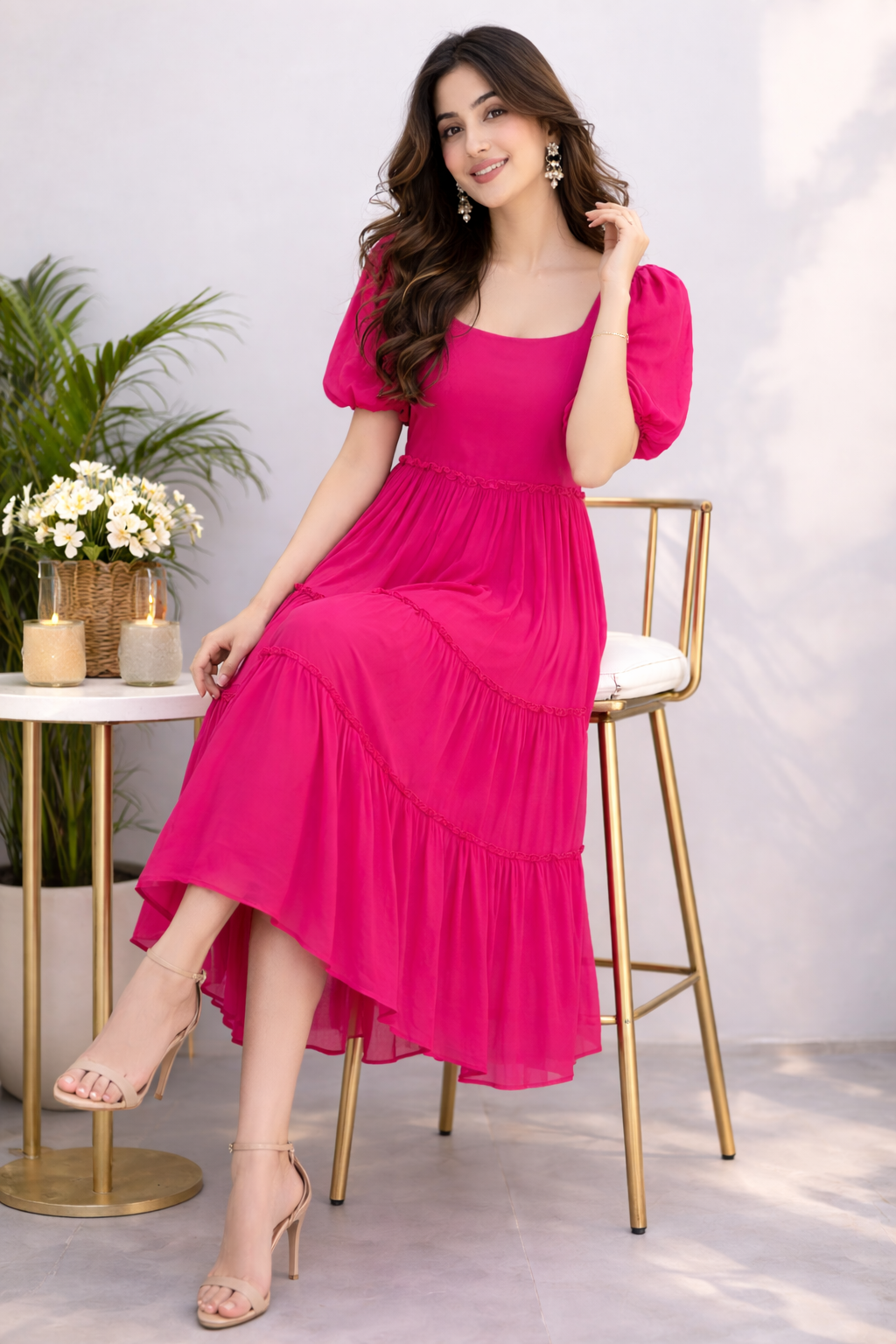Voxelle Rani Pink Tiered Summer Midi Dress