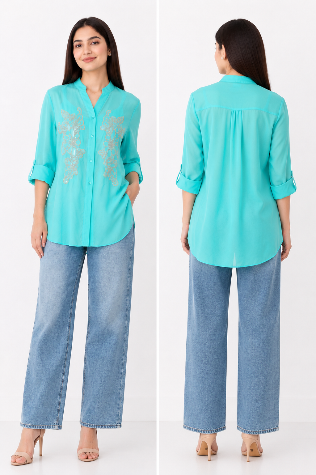 Voxelle Aqua Bloom Embroidered Sheer Shirt